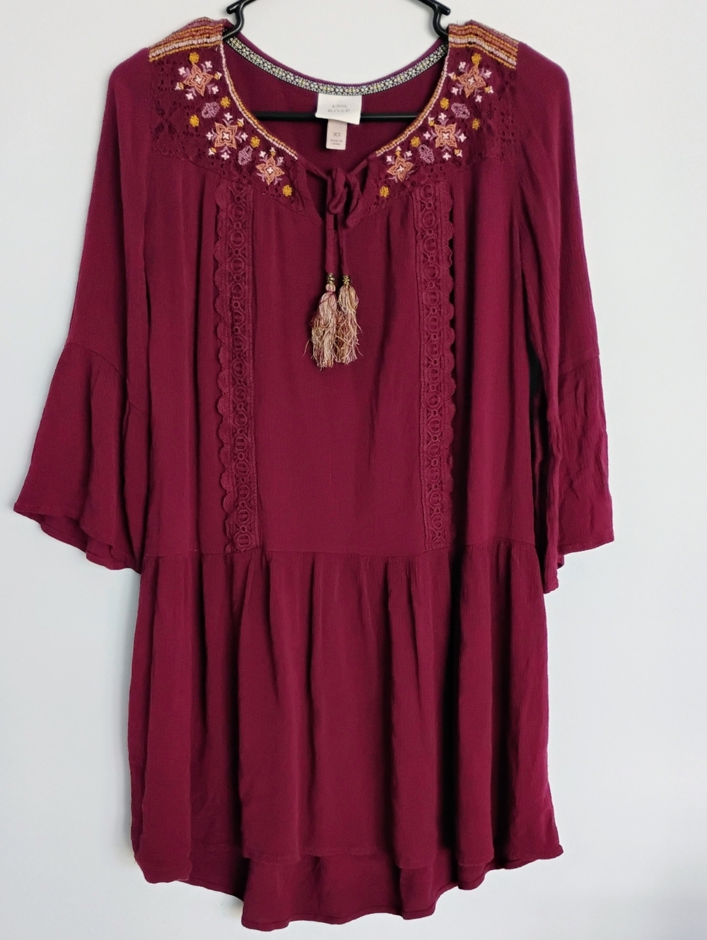 Knox Rose Burgundy Embroidered Boho Dress Peasant Layered - XS